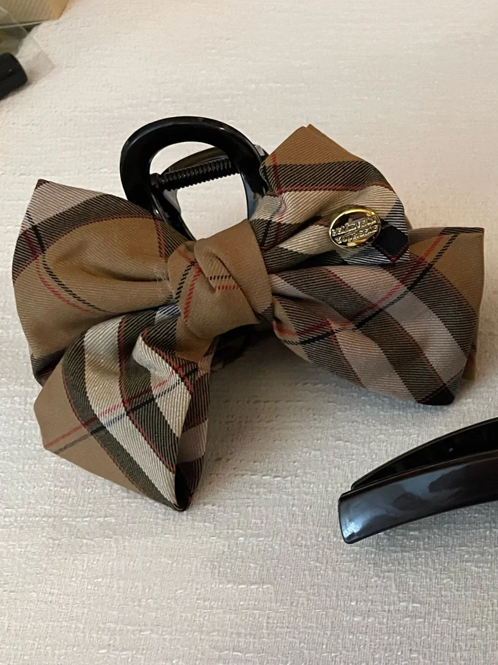 Plaid Bow Hair Clip, Brown Tortoiseshell Claw & Tweed Pearl Clip Set